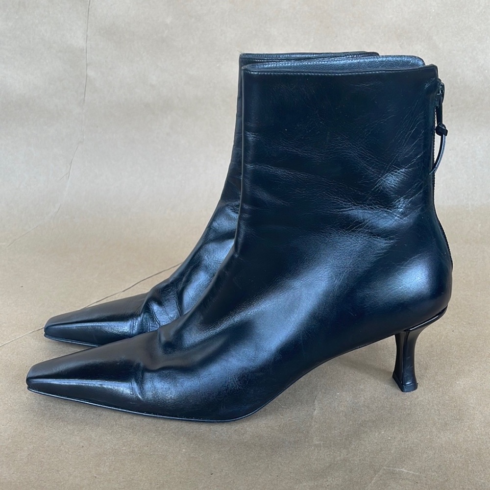 NWOT Stuart Weitzman Black Leather Square Pointed Toe Kitten Ankle Boot